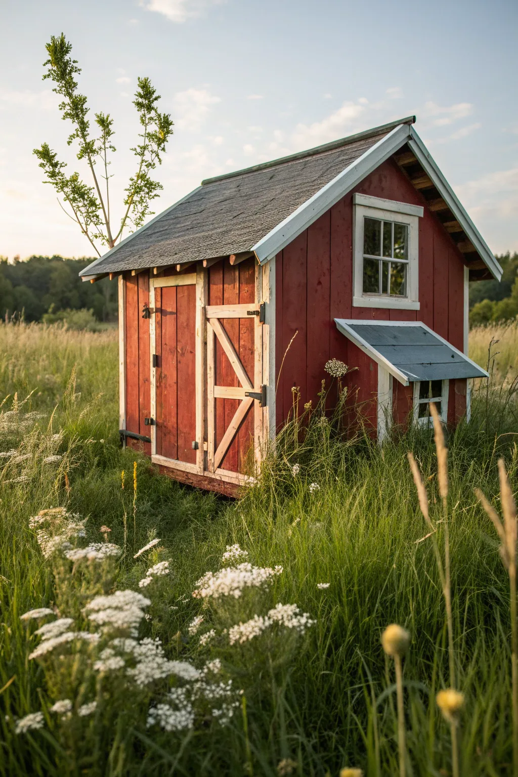 Embrace rustic charm with this adorable red barn-style coop, a perfect blend of nostalgia and natural beauty.