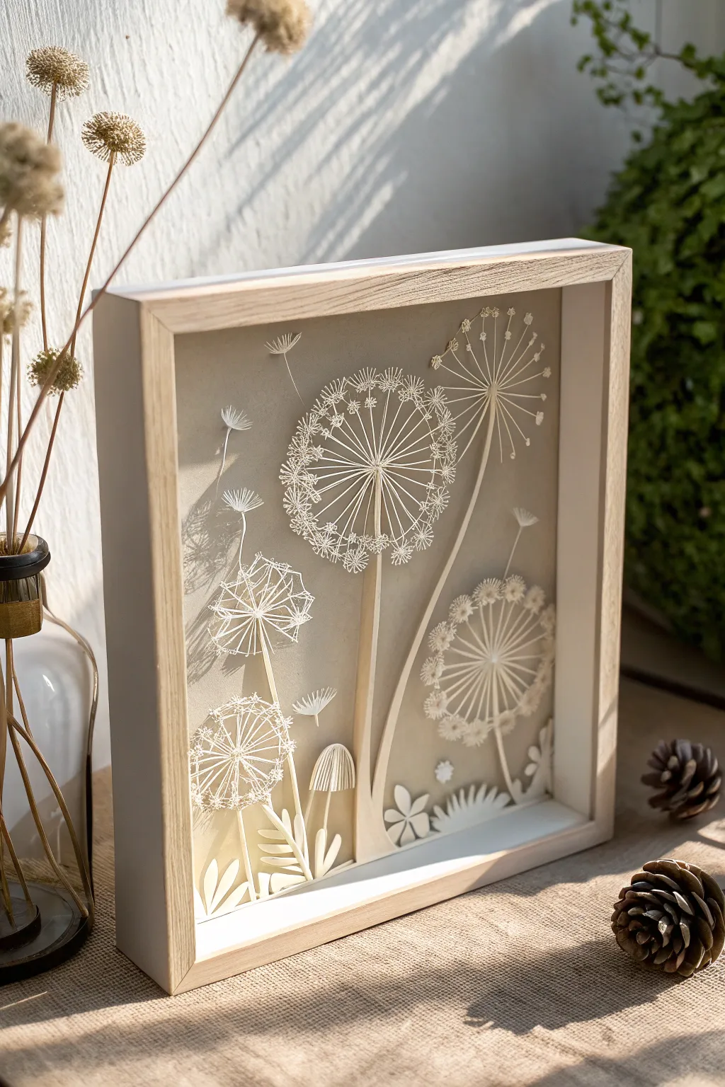 Capture the fleeting beauty of dandelions with this exquisite shadow box design, a perfect blend of minimalist elegance and boho charm.