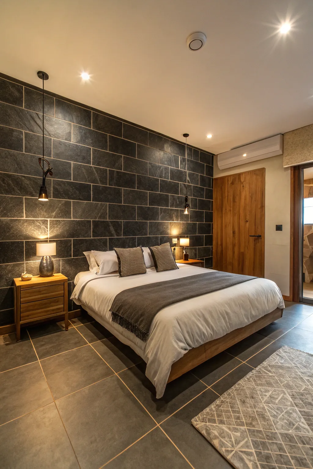 A dramatic feature wall with dark tiles.