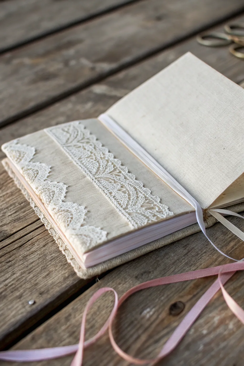 Transform your journal into a tactile masterpiece with lace and fabric, where minimalism meets boho charm.