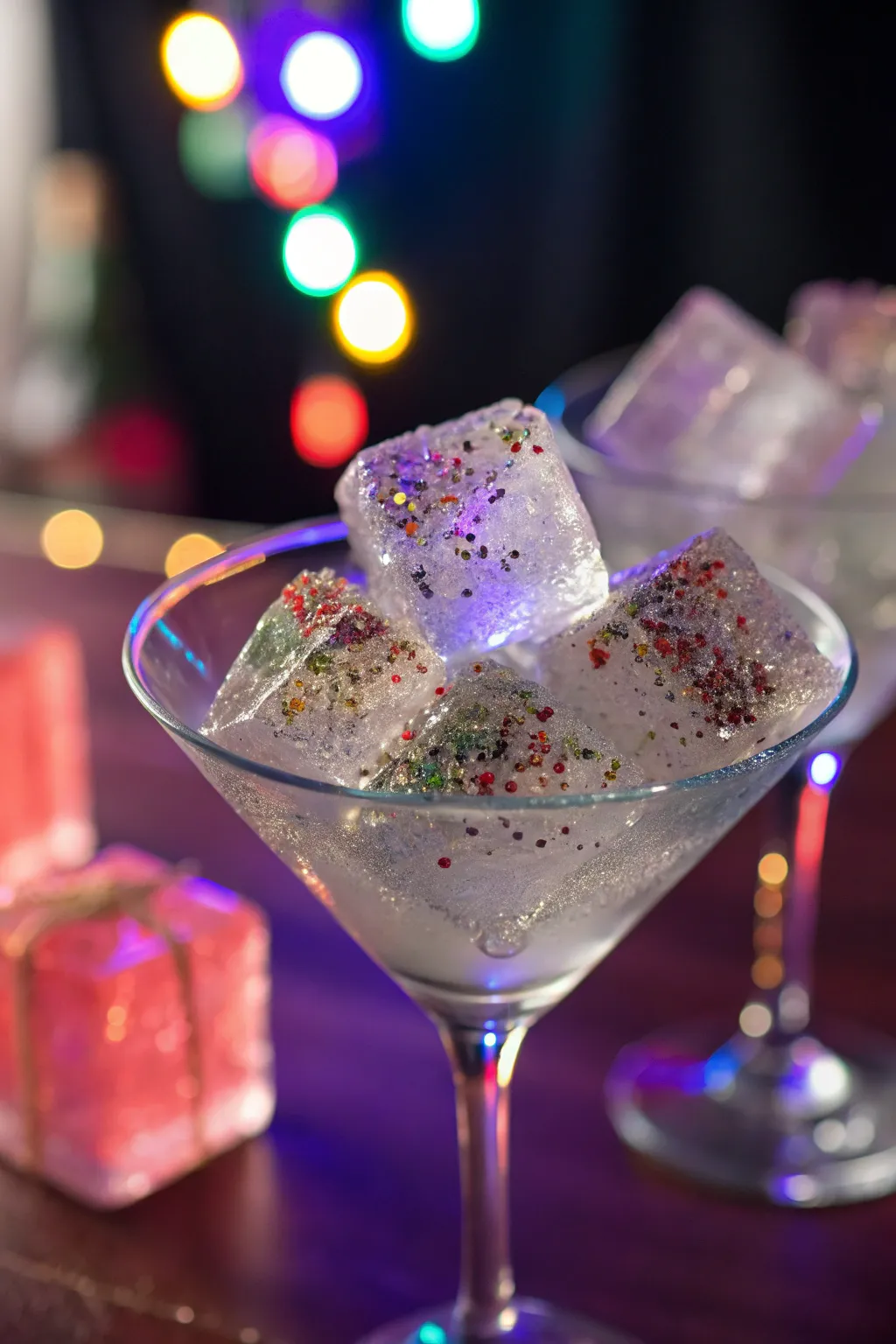 Sparkling edible glitter ice cubes for a magical touch.