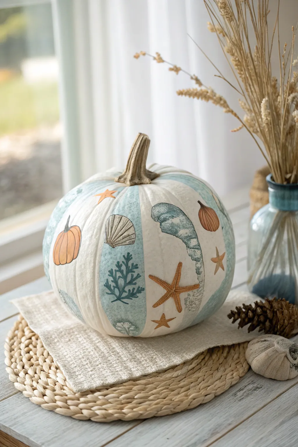 Bring a splash of coastal charm to your autumn decor with a nautical-themed decoupage pumpkin. 🌊🎃
