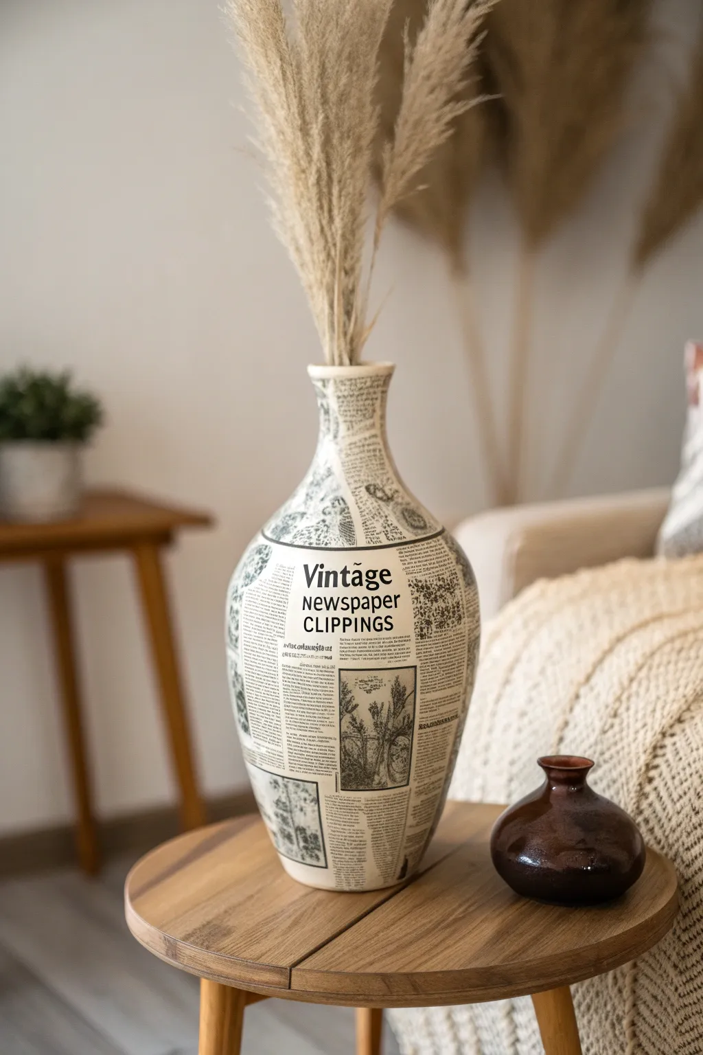 Transform history into art with this charming newspaper decoupage vase, a perfect blend of vintage allure and minimalist elegance.