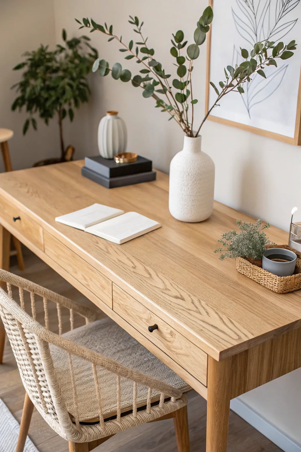 Transform your workspace with a DIY wooden desk that blends Scandinavian minimalism with a hint of Boho elegance.