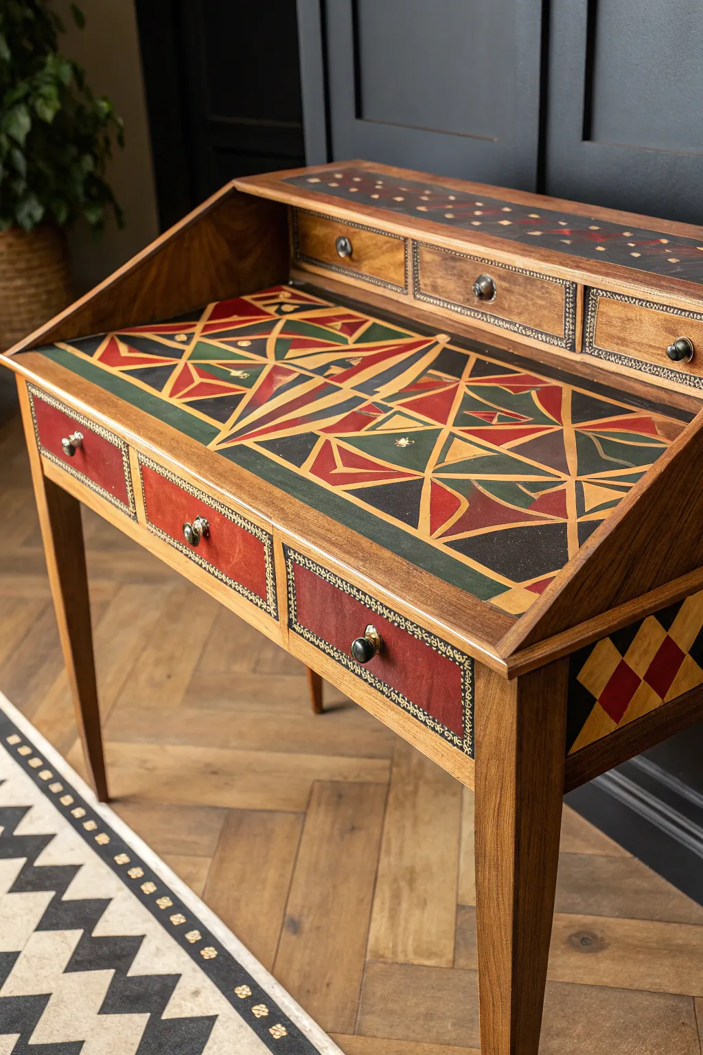 Elevate your workspace with a touch of craftsmanship: bold geometric stencils for a modern desk makeover.