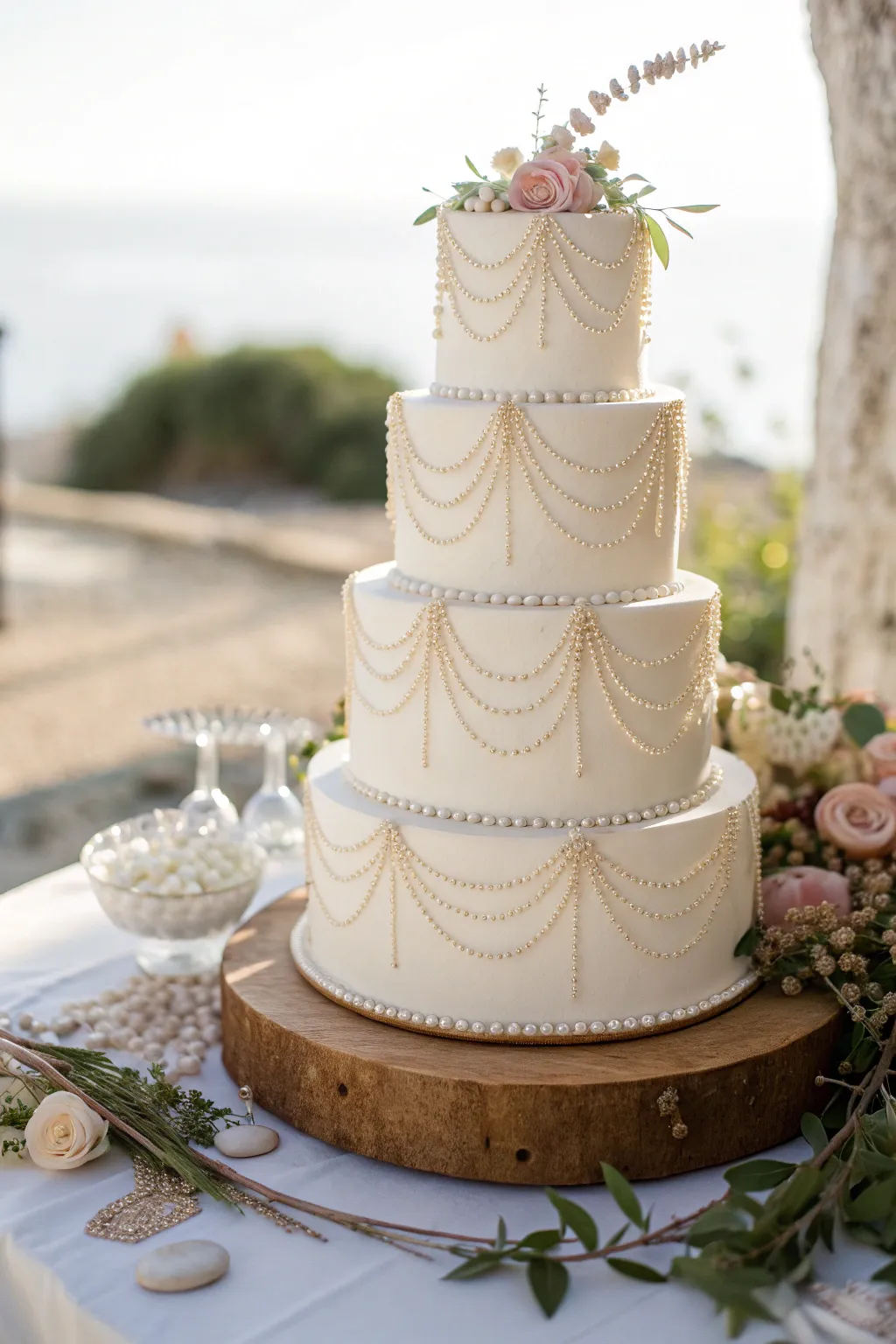Elevate your celebration with a masterpiece of tiered opulence, where pearls and diamonds meet minimalist elegance.