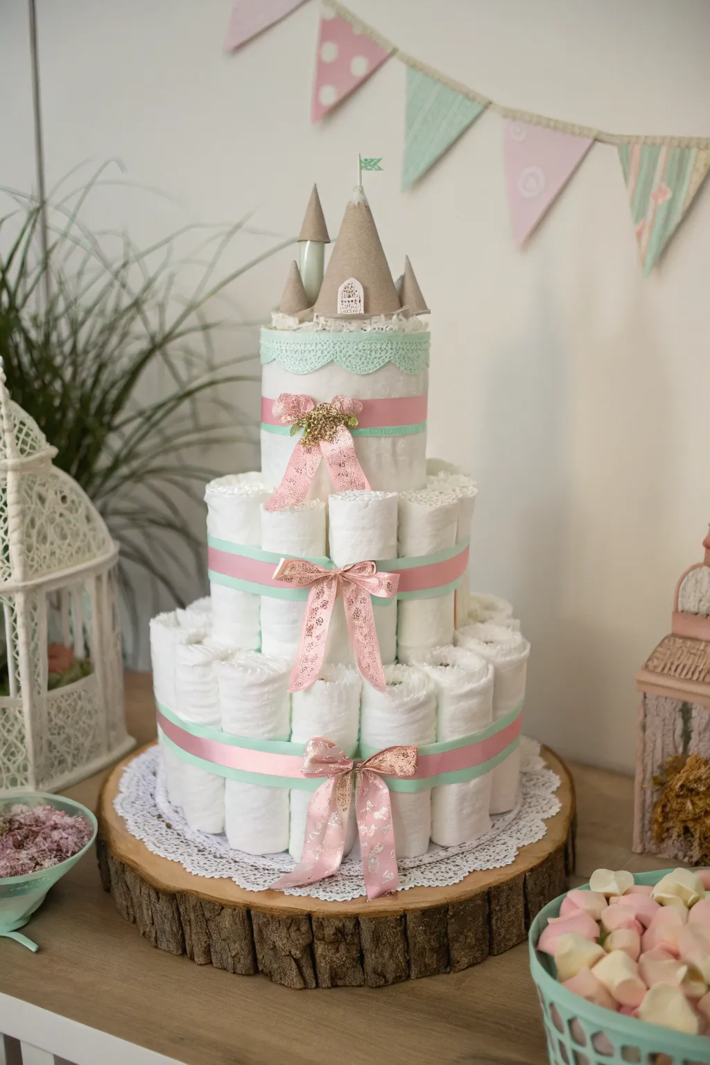 Transform diapers into a dreamy princess castle, perfect for a magical baby shower centerpiece.