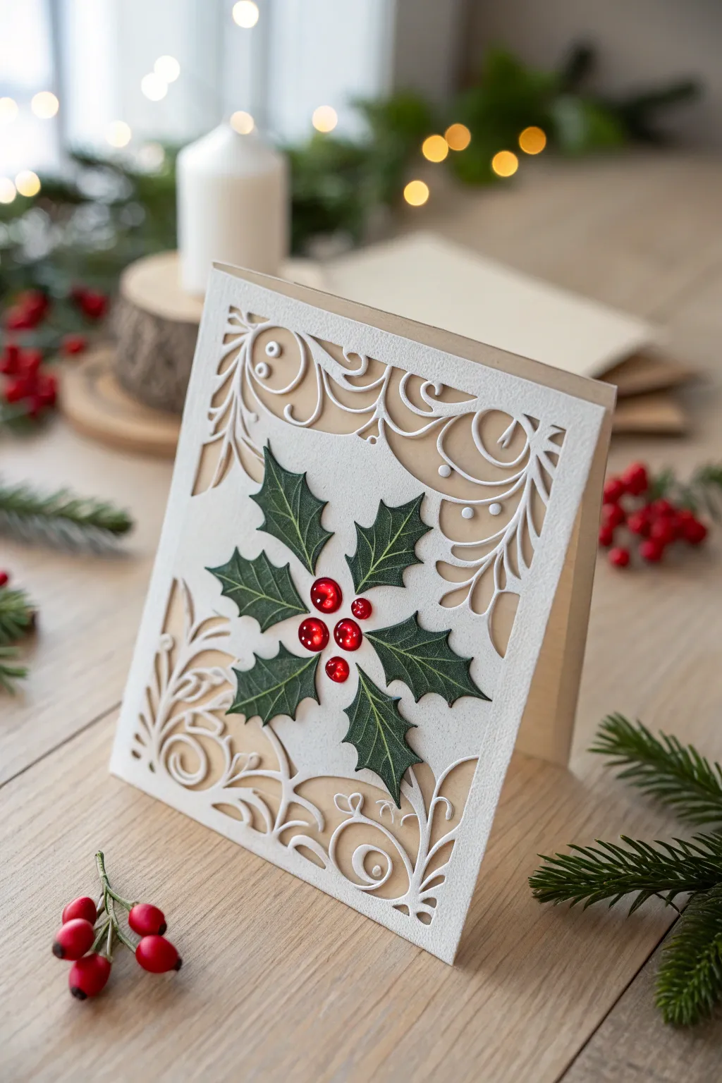 Embrace the season with a touch of nature—holly leaves and berries bring festive elegance to your holiday greetings.