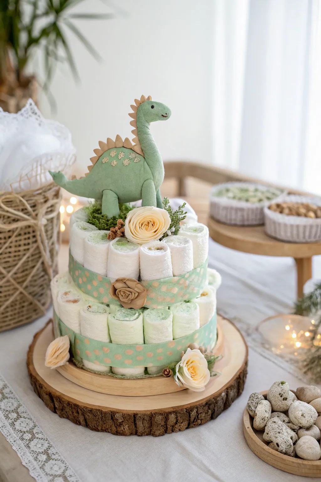 Craft your dinosaur diaper cake with a touch of Scandinavian elegance, ensuring stability with a simple yet stylish wooden base.
