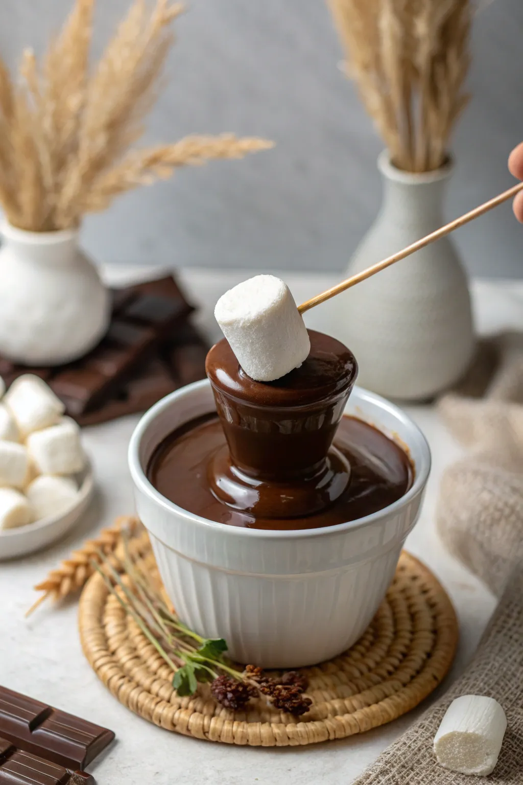 Indulge in the timeless delight of marshmallows dipped in luscious chocolate, where simplicity meets elegance.