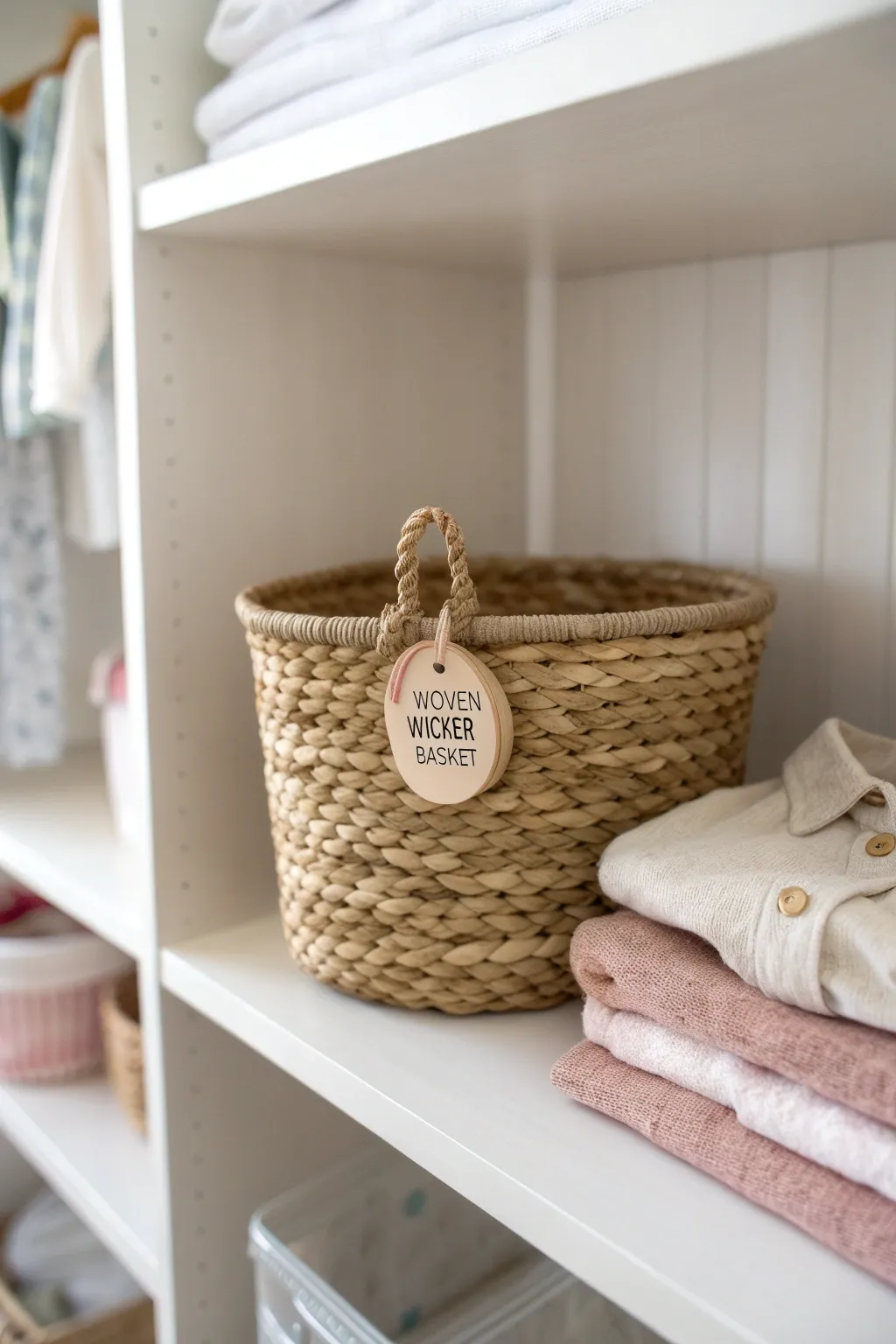 Elevate your baby closet organization with charming labels and natural textures. #MinimalistBaby #BohoCharm