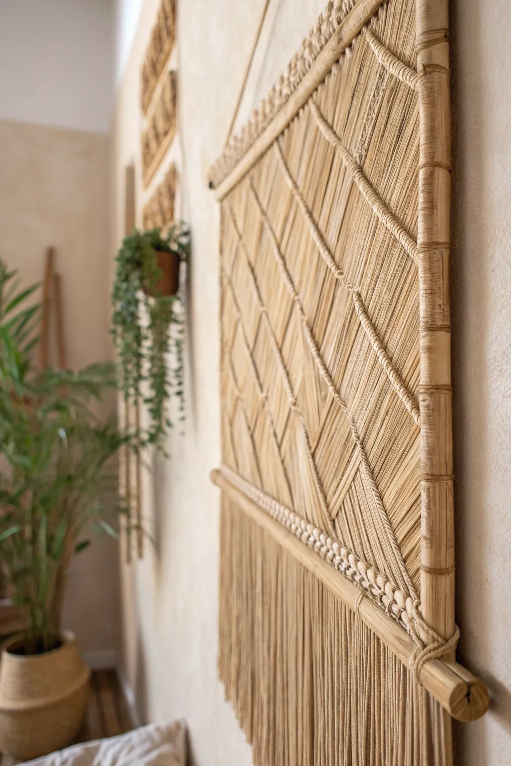 Add a touch of artisanal charm to your space with a handcrafted bamboo wall weaving.