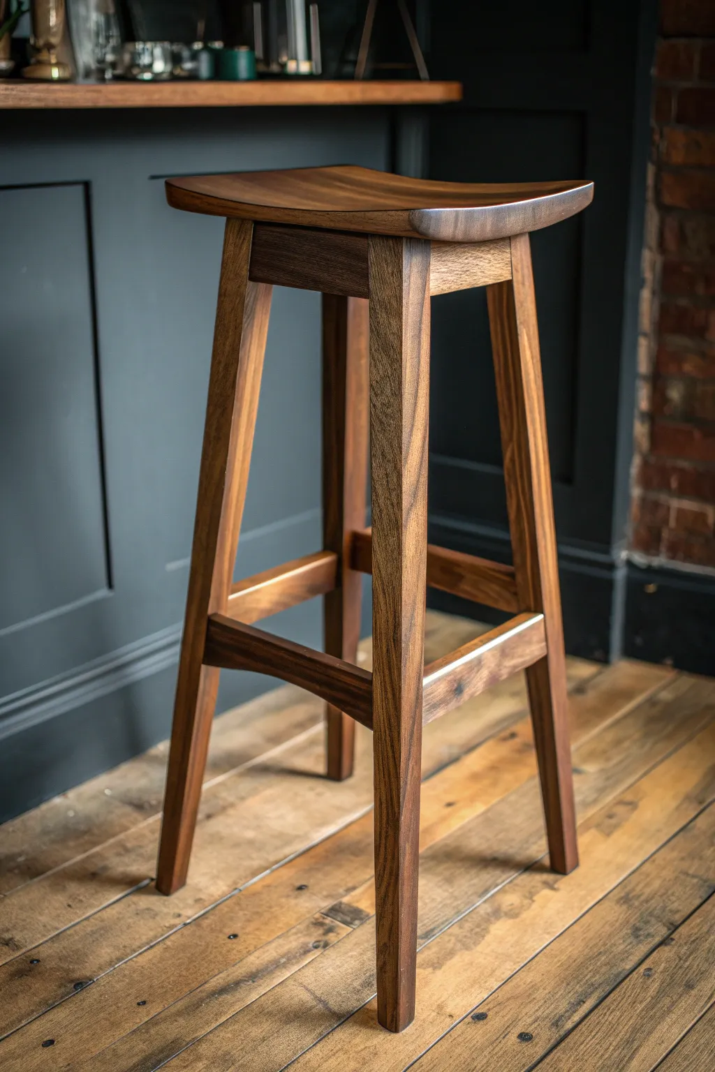 Elevate your space with the timeless elegance of a richly stained walnut barstool.