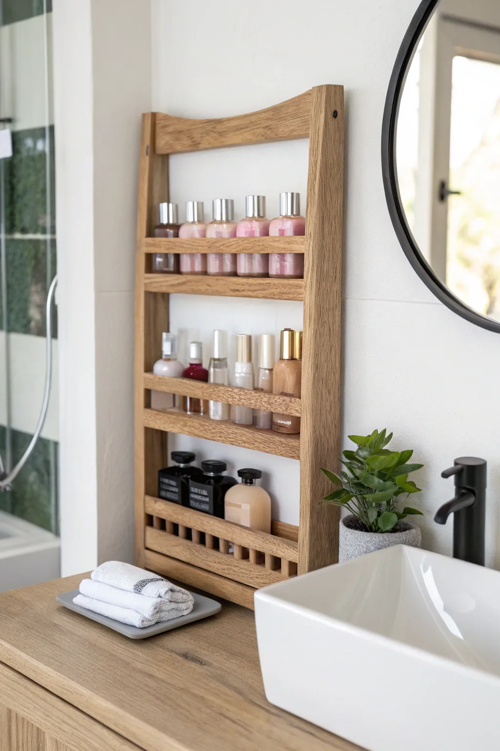 Transform your bathroom with minimalist elegance: a spice rack repurposed for beauty essentials.