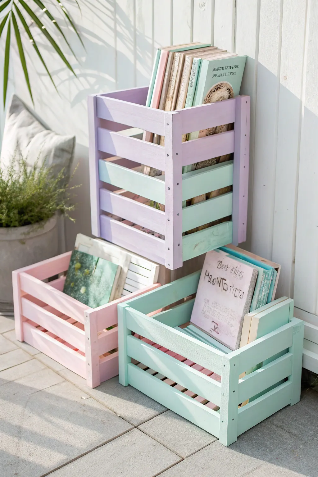 Brighten your space with a touch of playful elegance using colorful crate stacks as a chic book holder.