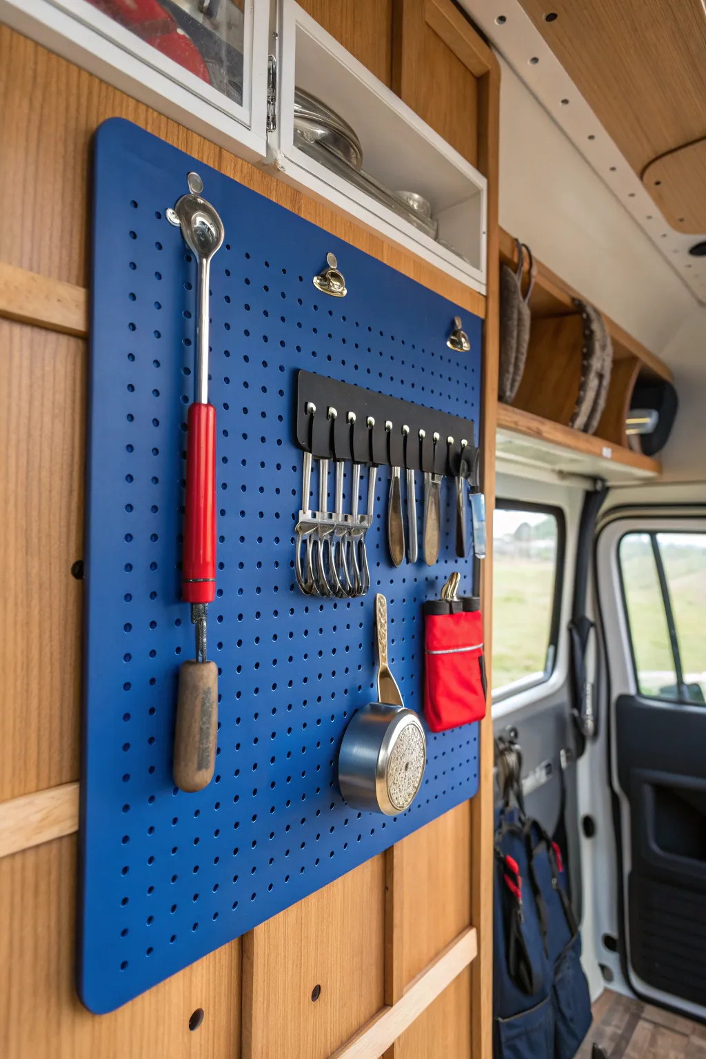 Transform your campervan with a vibrant pegboard for ultimate organization and style.