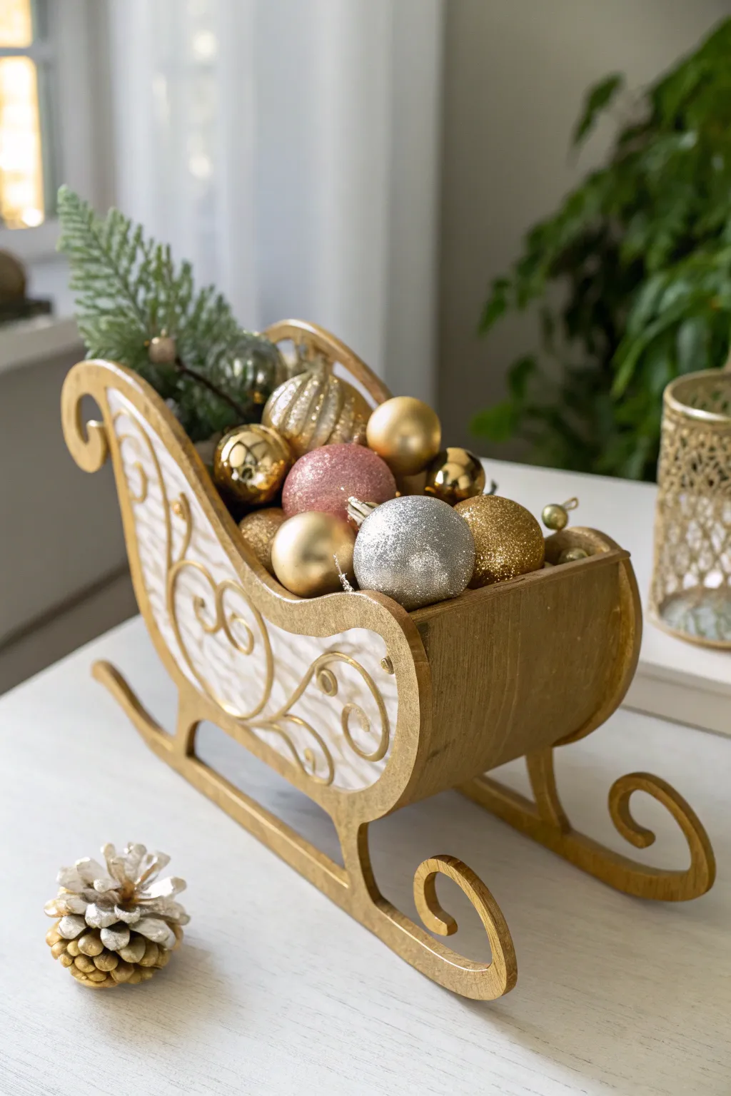 Glamour Meets Minimalism: Elevate your holiday decor with this stunning DIY gold sleigh.