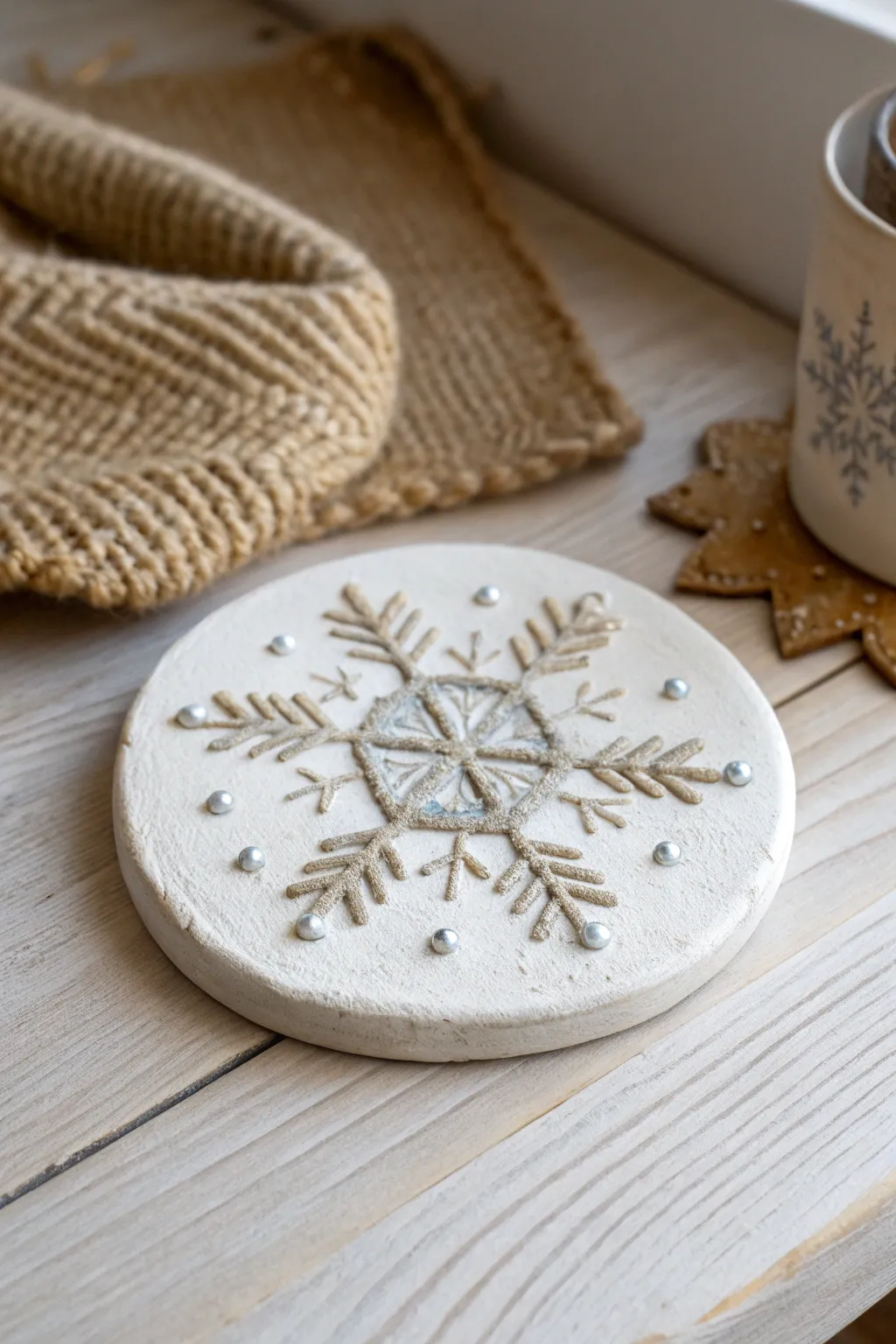 Embrace the season with a handcrafted snowflake clay coaster, where simplicity meets natural beauty.