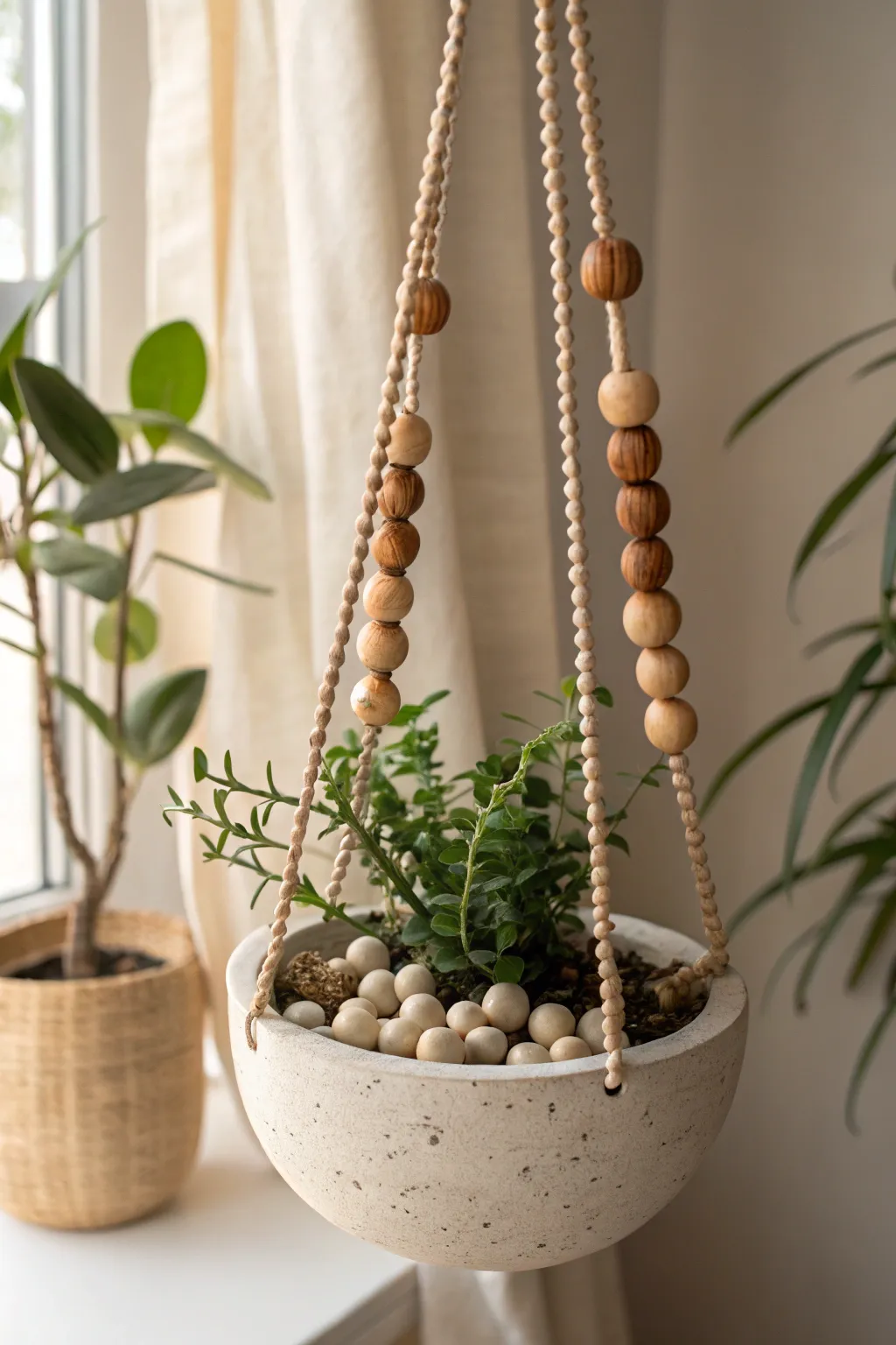 Elevate your space with this DIY clay hanging planter, featuring warm wooden accents for a touch of natural elegance.