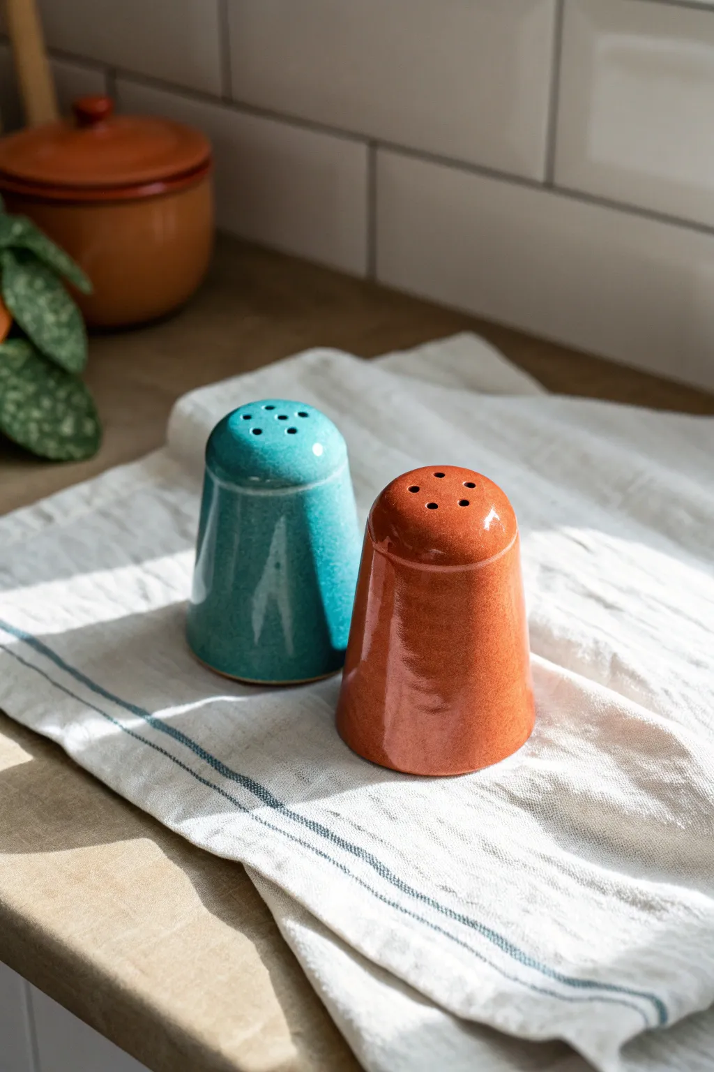 Add a touch of vibrant charm to your table with these bold, handcrafted clay shakers. Perfect for the minimalist kitchen with a playful twist!
