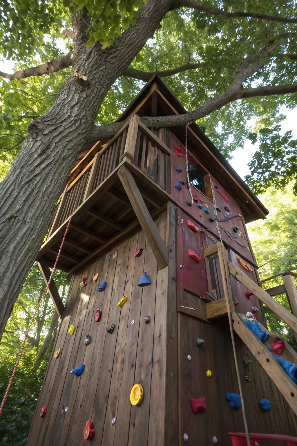 Unleash your inner adventurer with a handcrafted treehouse climbing wall, where dreams meet craftsmanship.
