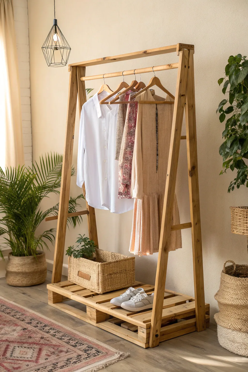 Simplicity meets style with this DIY pallet clothes rack—perfect for your next yard sale!