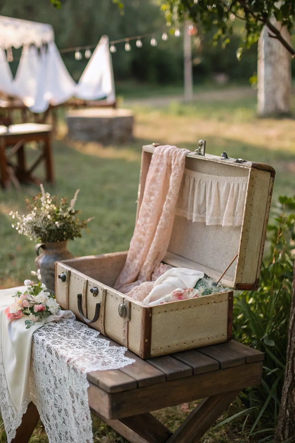 Add a touch of vintage charm to your country wedding with timeless suitcase displays.