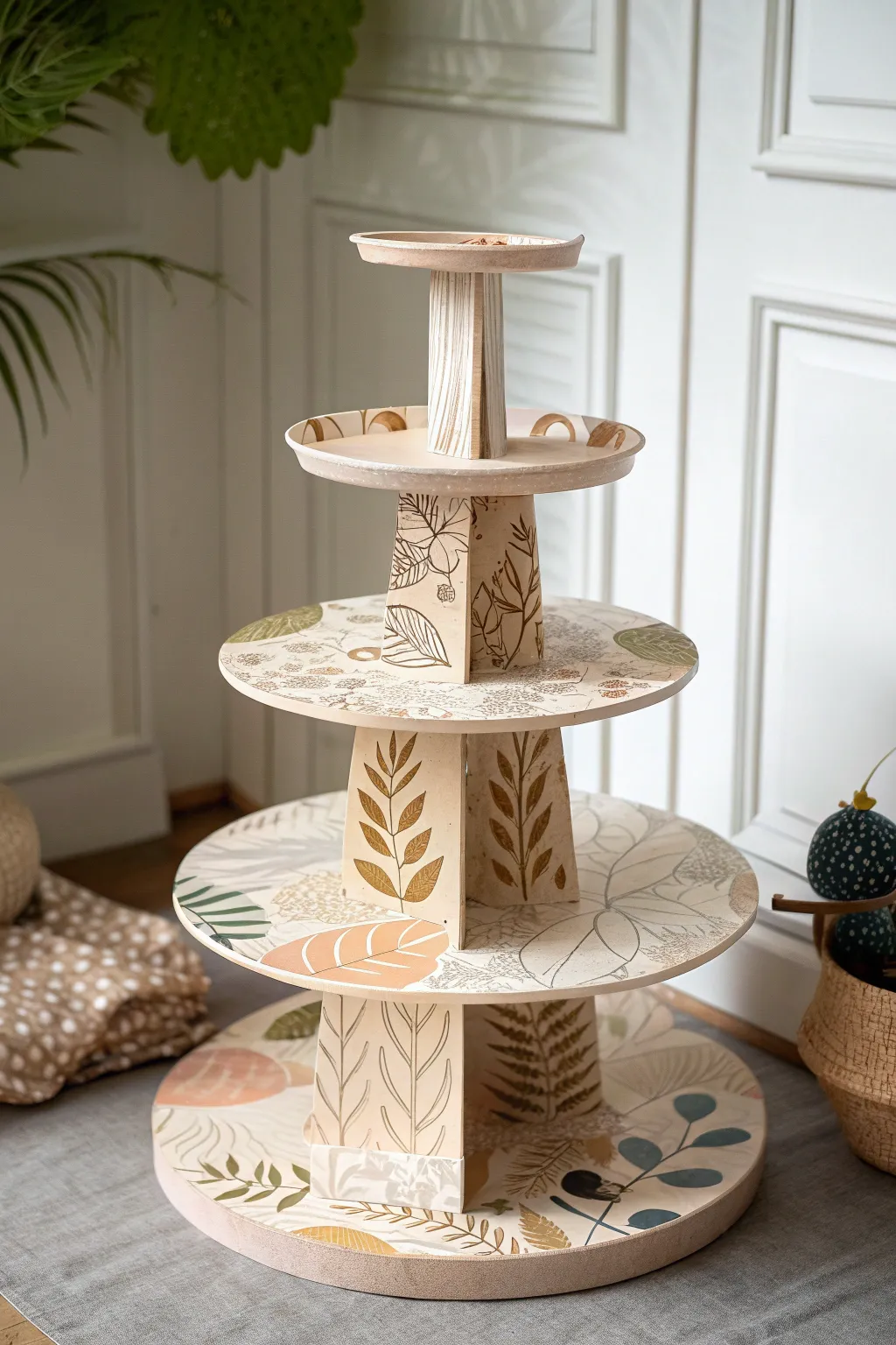 Elevate your craft show display with eco-friendly elegance: a DIY cardboard tiered stand that blends minimalist design with boho charm.