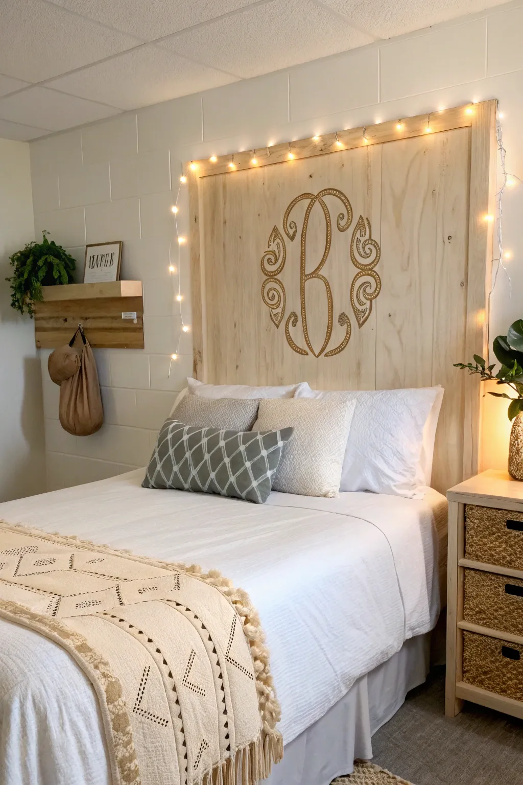 Add a personal touch to your dorm with a chic monogrammed headboard, blending simplicity and elegance.