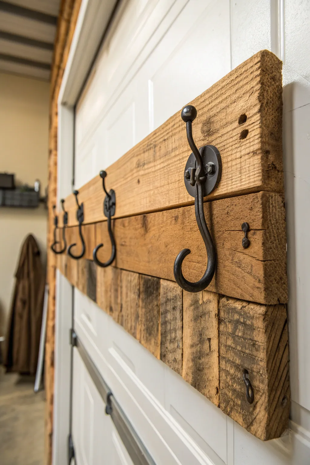 Transform your garage with rustic pallet wood and handcrafted hooks—where functionality meets artistry.