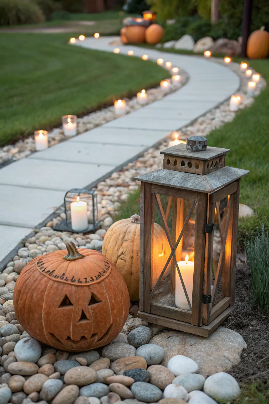 Illuminate your outdoor space with enchanting jack-o'-lanterns and luminaries, blending simple elegance with natural beauty.