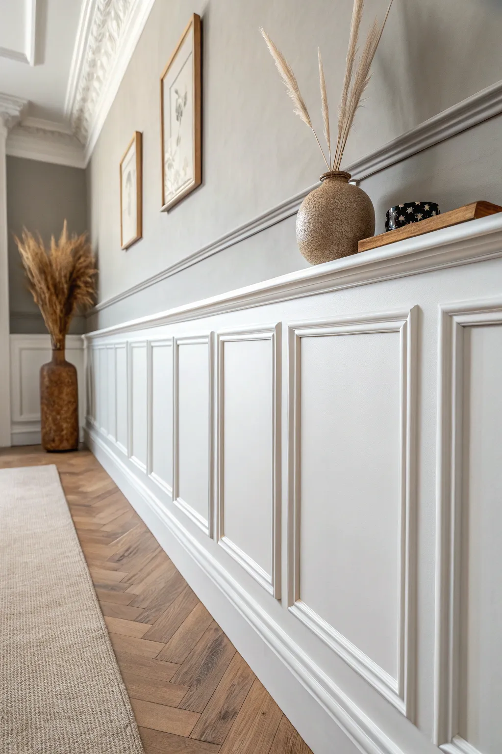 Transform your hallway with elegant wall molding for a touch of timeless sophistication.