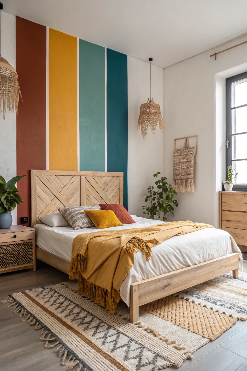 Transform your space with a bold color block headboard that adds a vibrant touch to minimalist elegance.