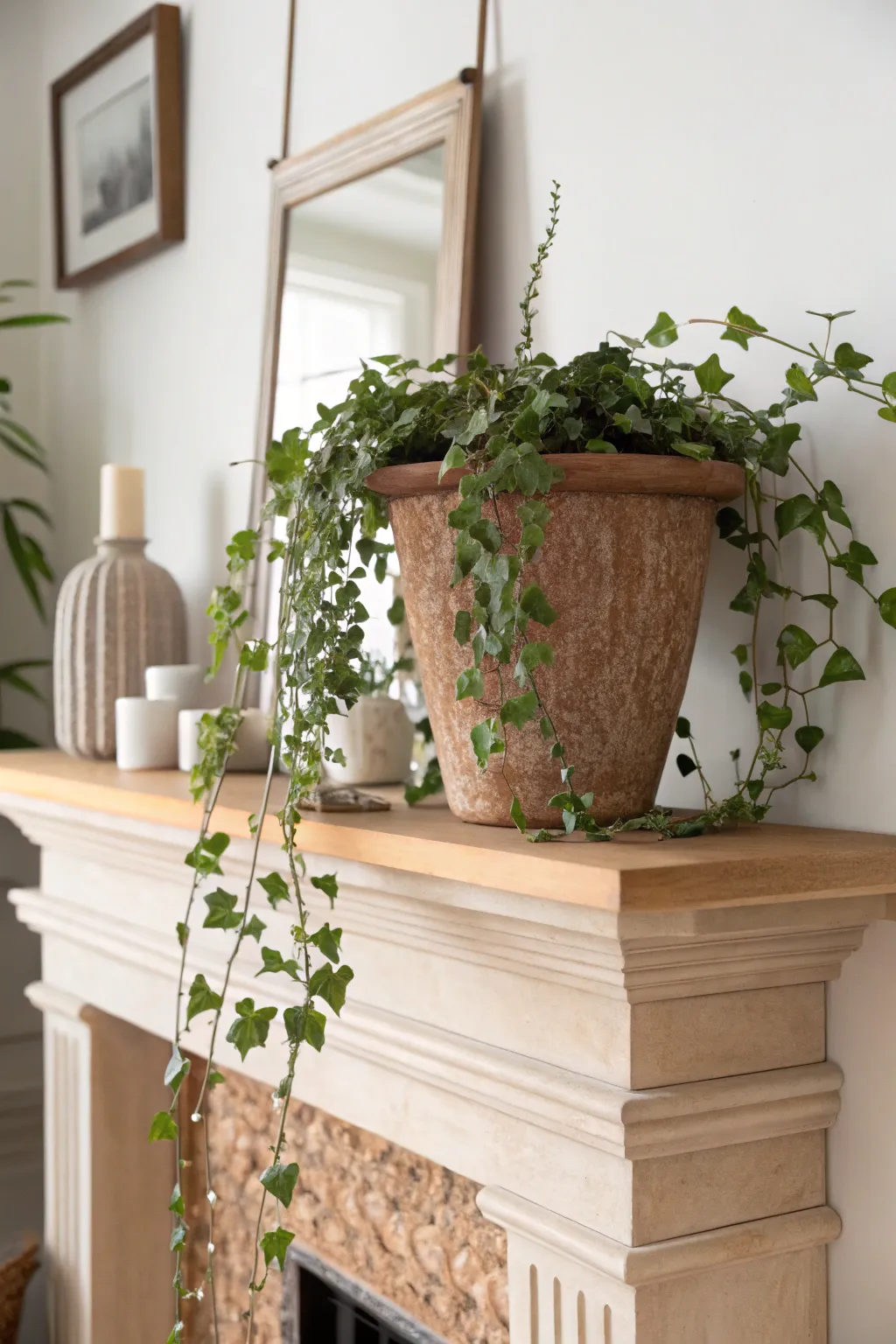 Elevate your mantel with the serene beauty of cascading greenery. #ScandiBoho #MantelMagic