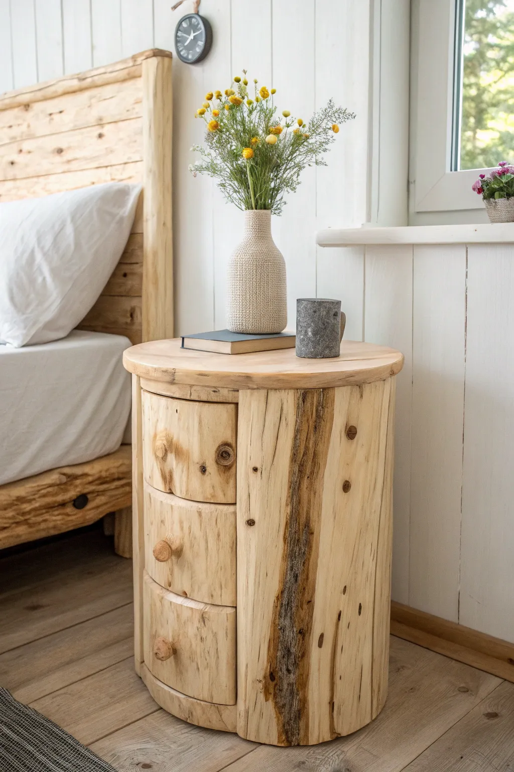 Add a touch of nature to your space with this charming rustic log nightstand.