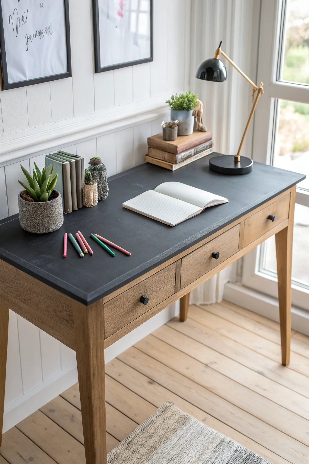 Elevate your workspace with a chic chalkboard desk—where style meets functionality in minimalist harmony.