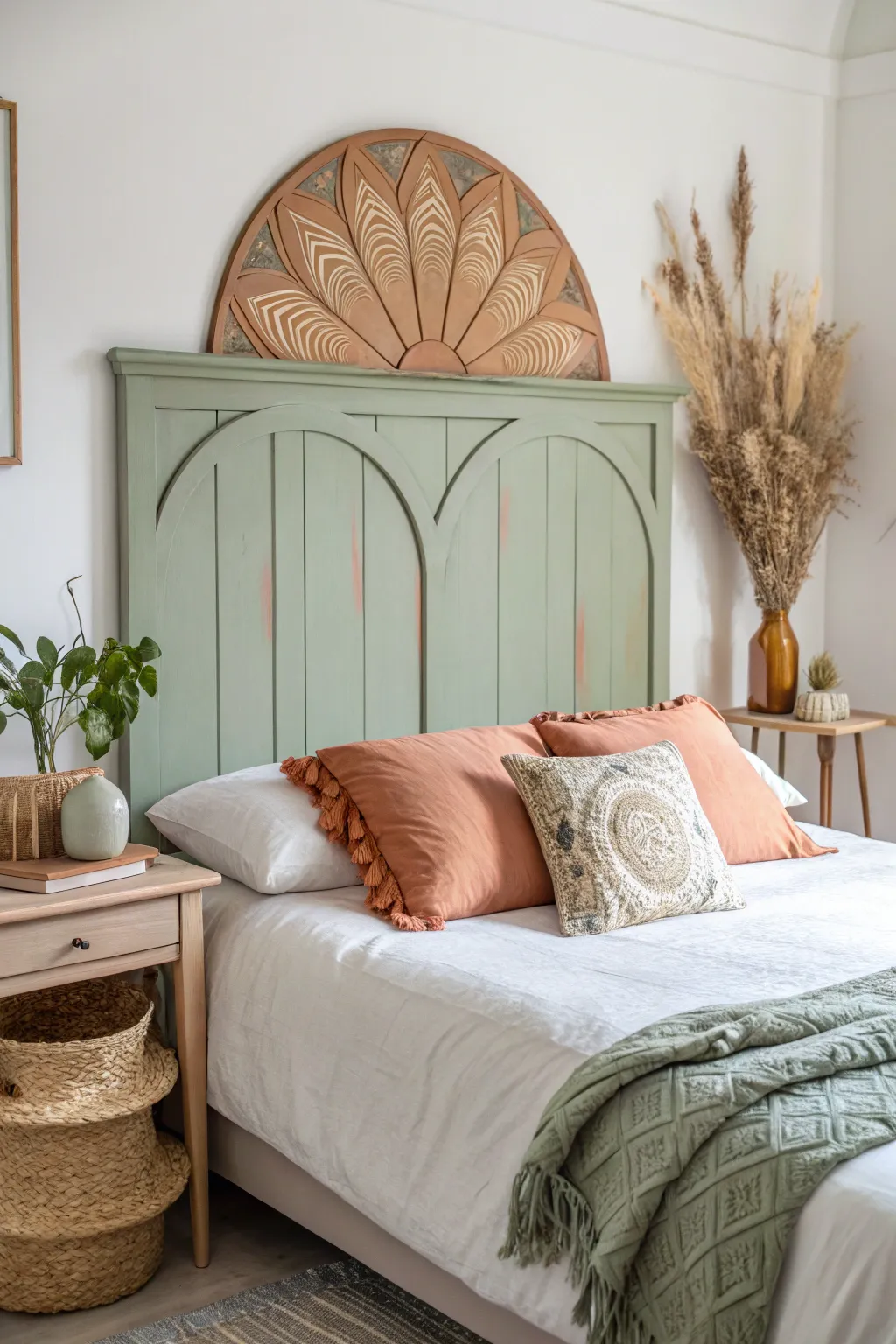 Transform your bedroom into a serene retreat with a hand-painted headboard in calming earth tones. #DIYHeadboard #ScandiBoho