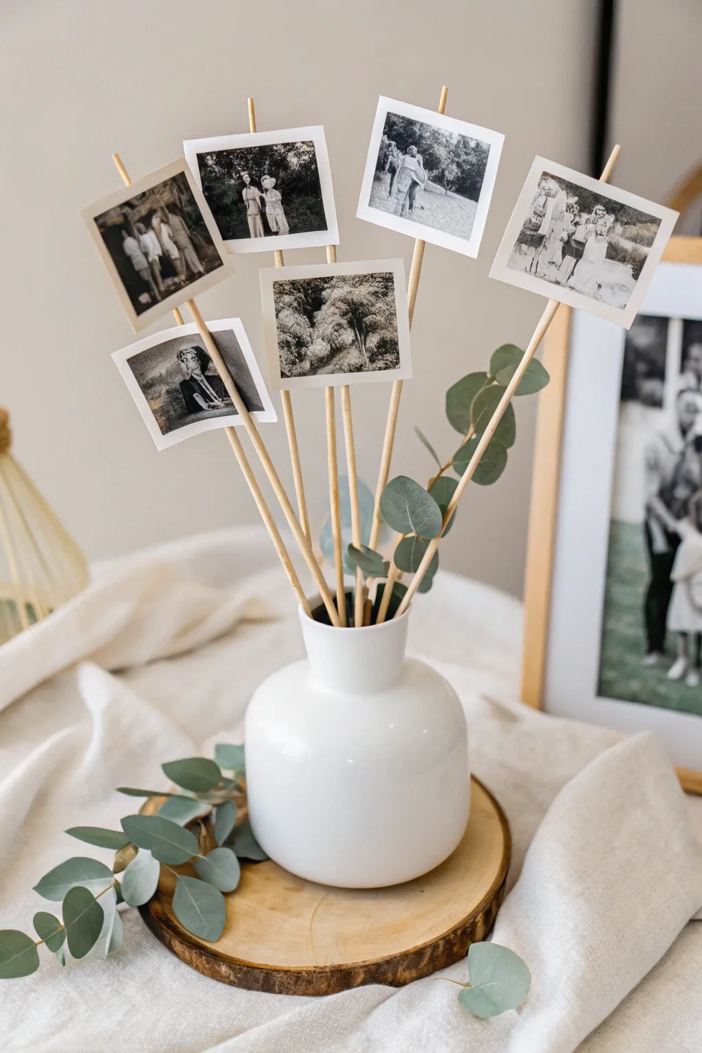 Bring memories to life with this chic photo flower centerpiece, blending minimalist elegance with a boho twist.
