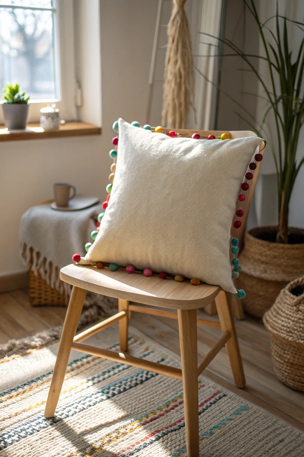 Add a playful touch to your decor with chic pom-pom pillows that blend minimalist elegance with Boho charm.