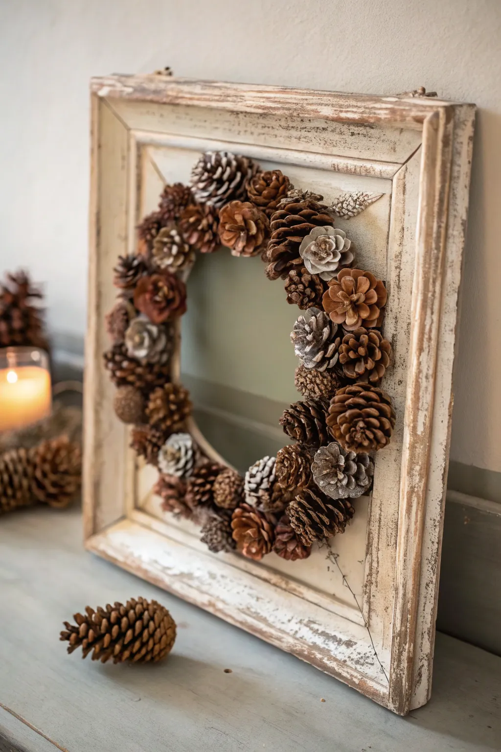 Transform rustic nostalgia into boho elegance with a vintage-inspired pinecone wreath.