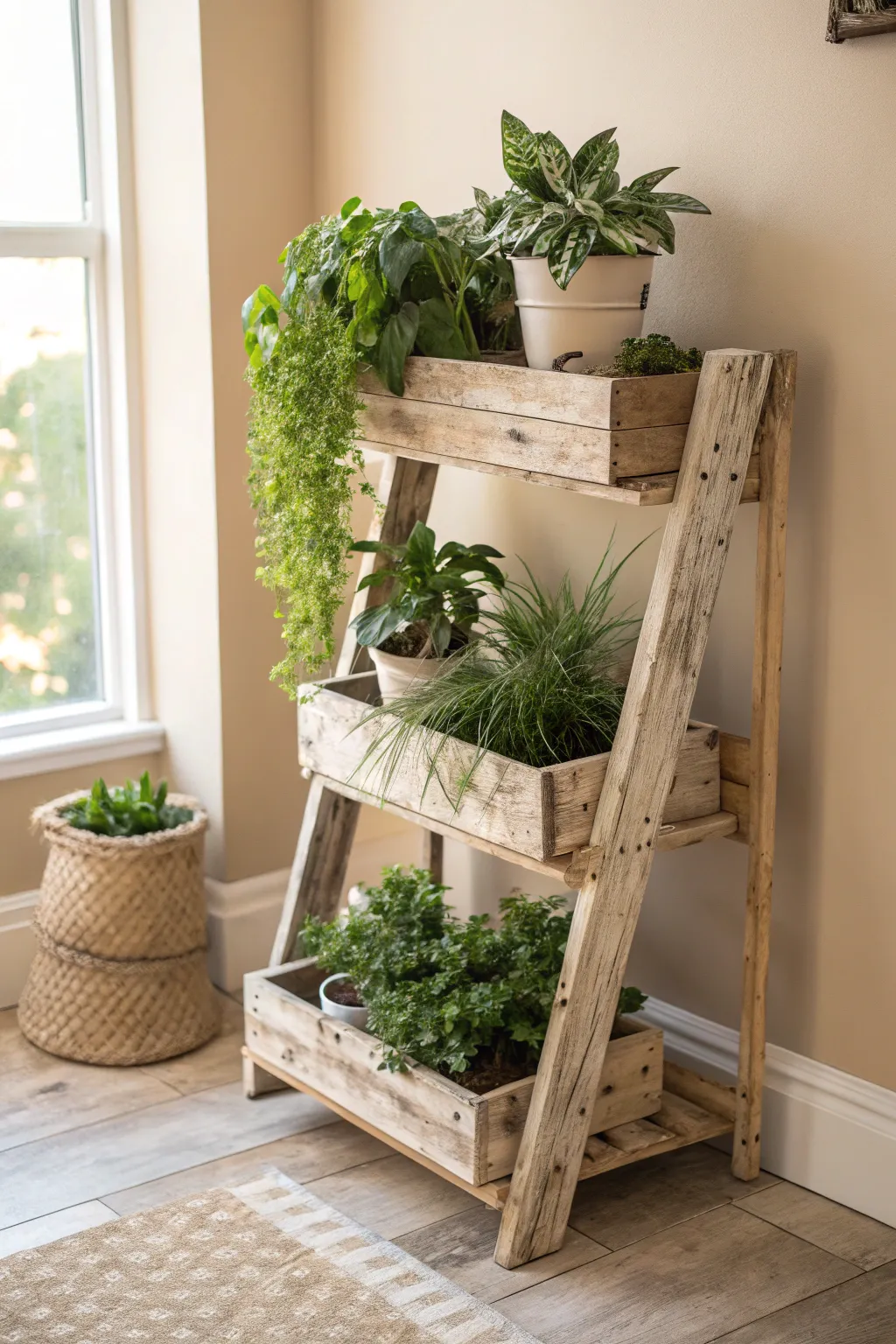 Elevate your greenery with a DIY pallet wood plant stand. 🌿 #ScandiBoho #NaturalBeauty