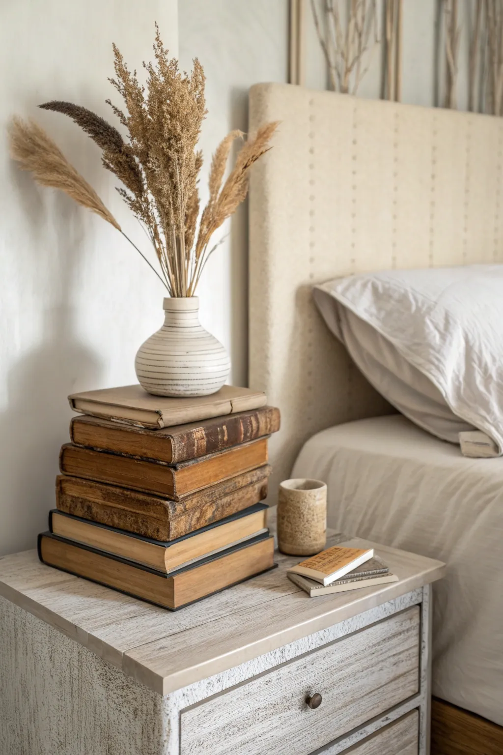 Transform your space with a literary touch: a nightstand made of vintage books.