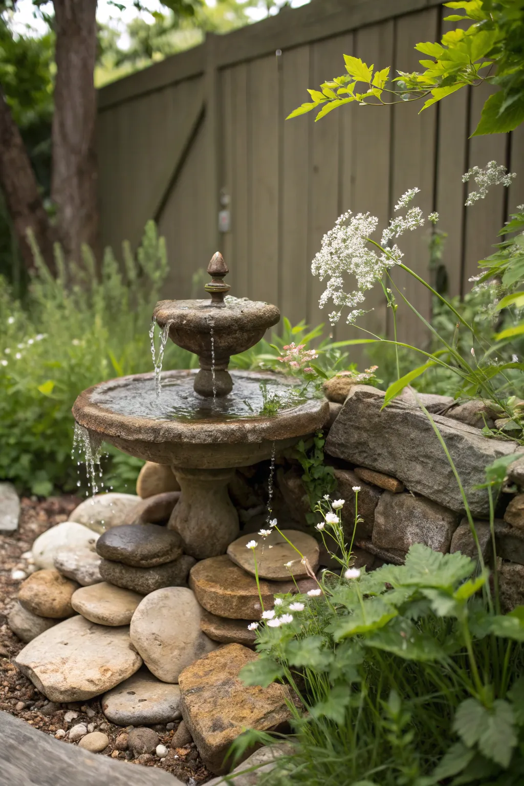 Find serenity in simplicity with this rustic stone fountain, a perfect blend of natural beauty and craftsmanship.