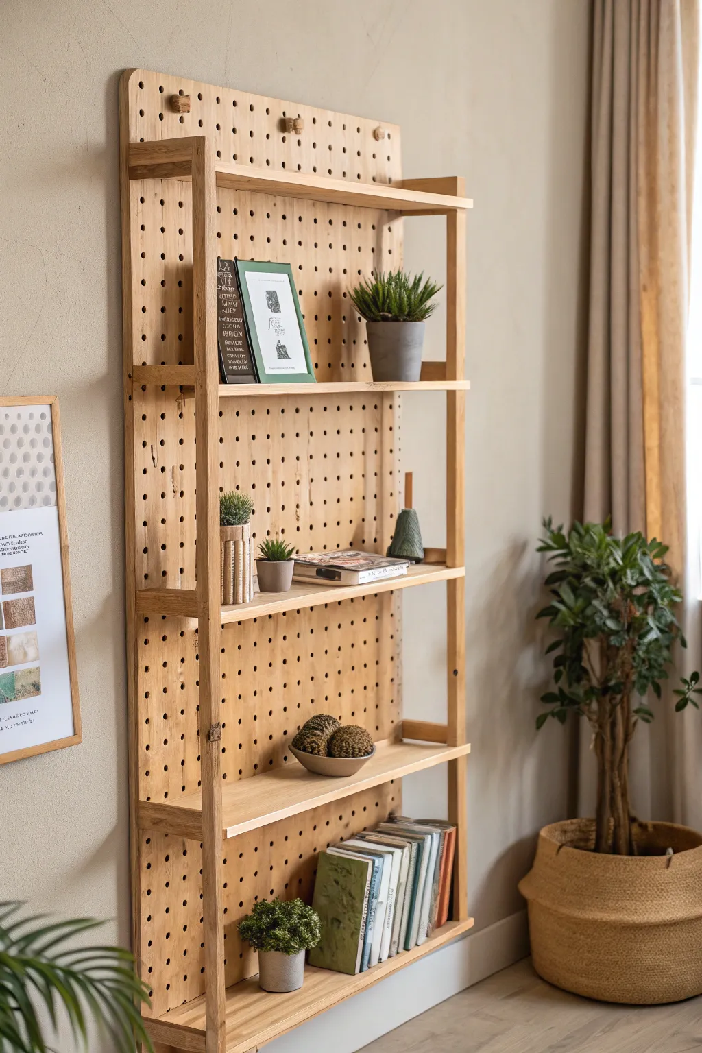Embrace flexibility and style with a rustic pegboard bookshelf that adapts to your creative needs.