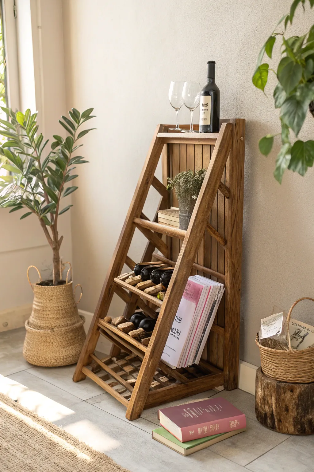 Transform your space with style: A wine rack turned book display, perfect for a cozy, minimalist vibe.