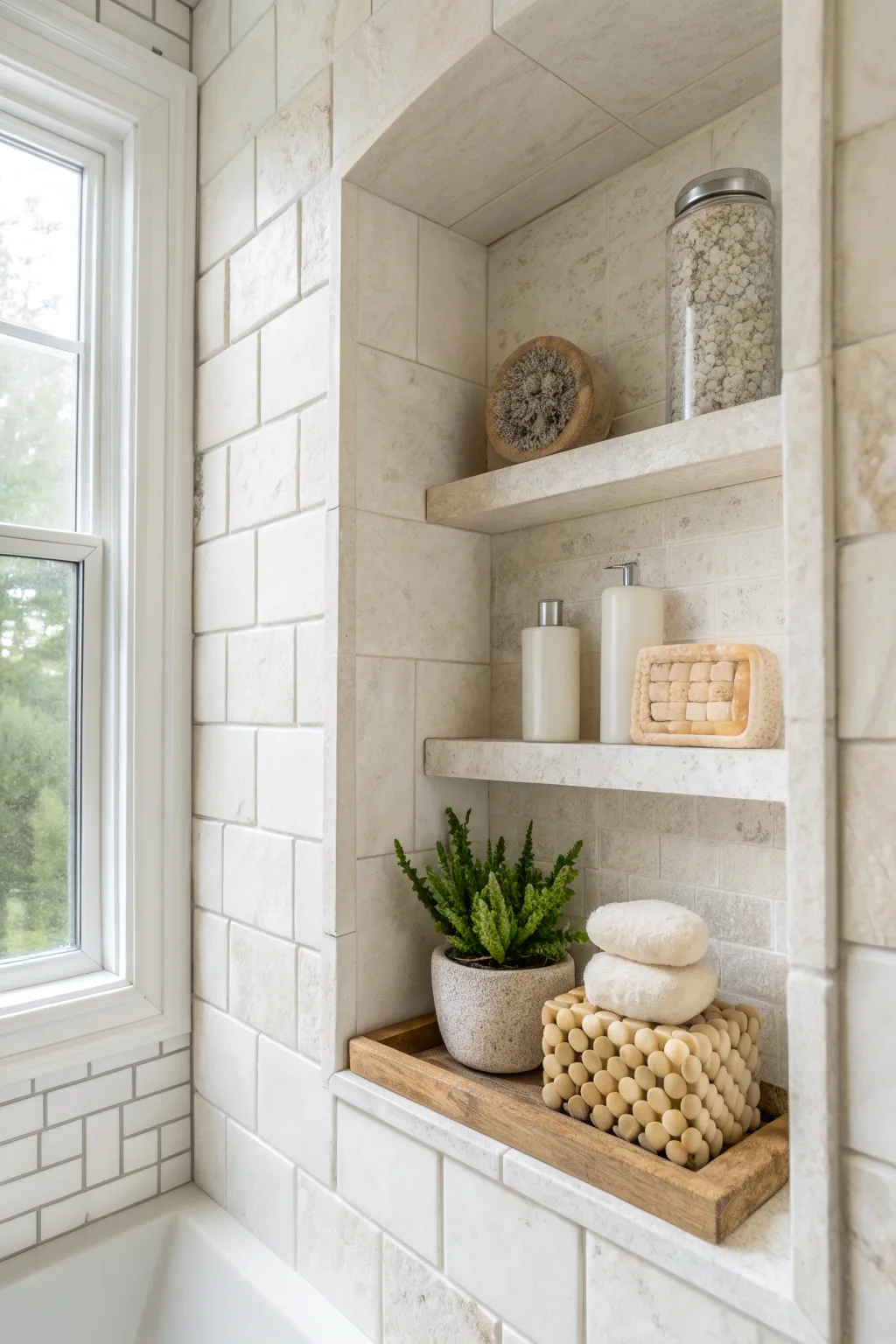 Elevate your shower space with a touch of elegance: a recessed niche that blends style and functionality.