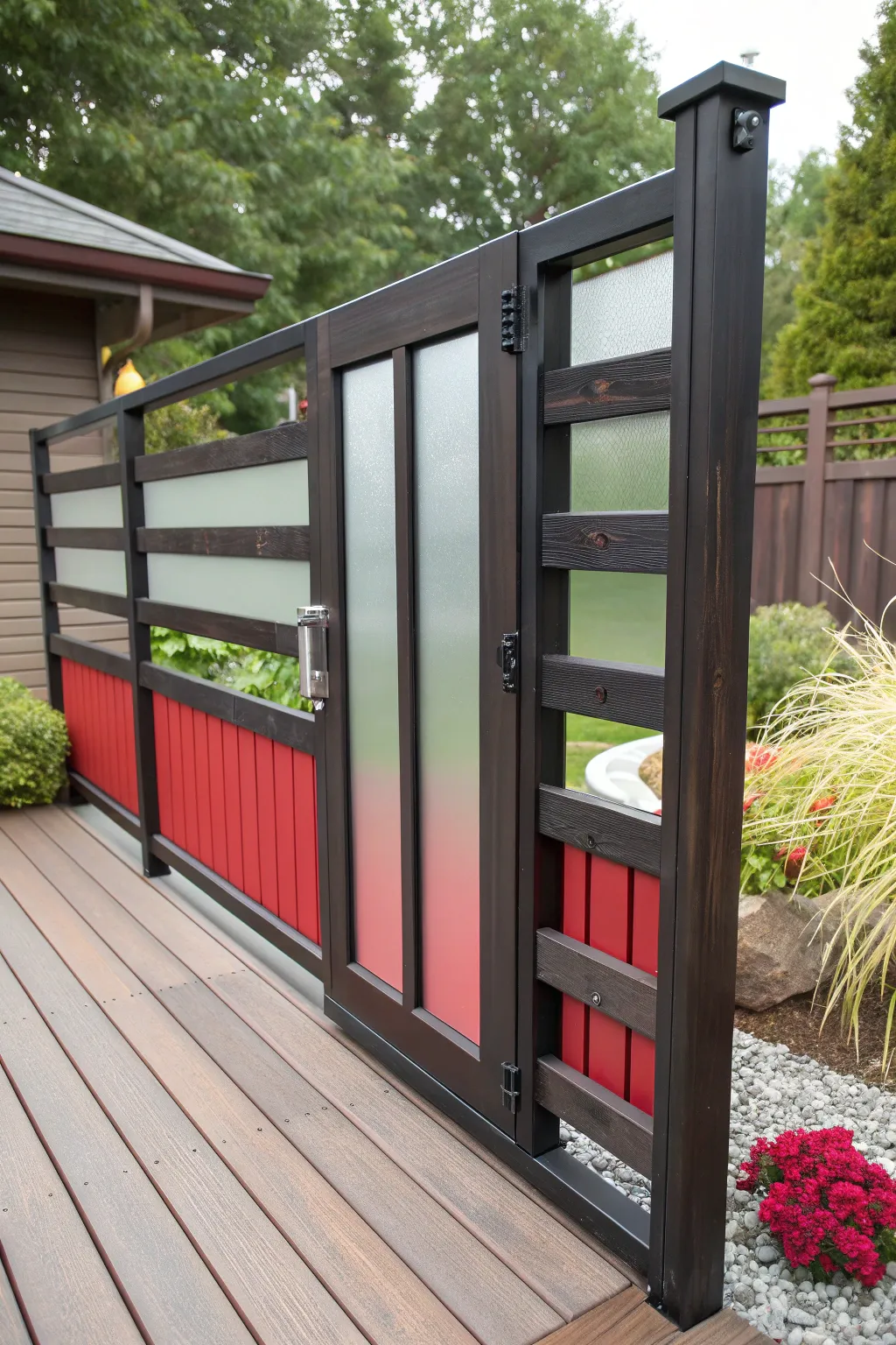 Elevate your outdoor space with a modern sliding deck gate featuring frosted glass inserts for a perfect blend of style and privacy.