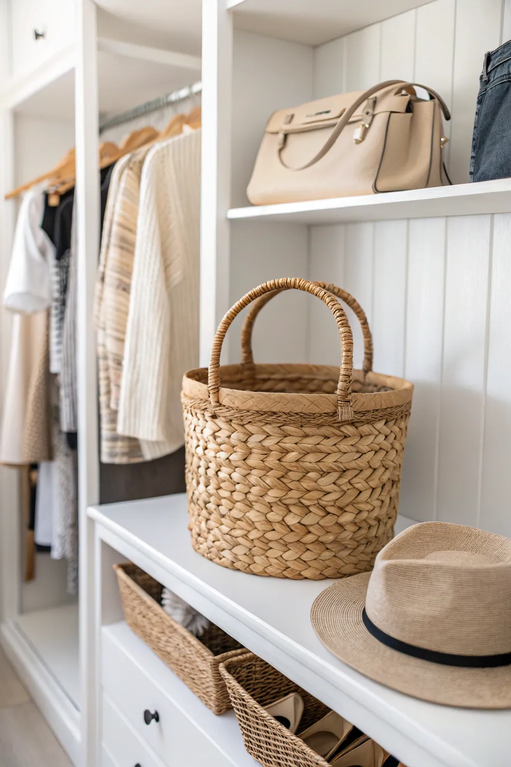 Elevate your closet with the elegance of pull-out baskets for effortless organization.
