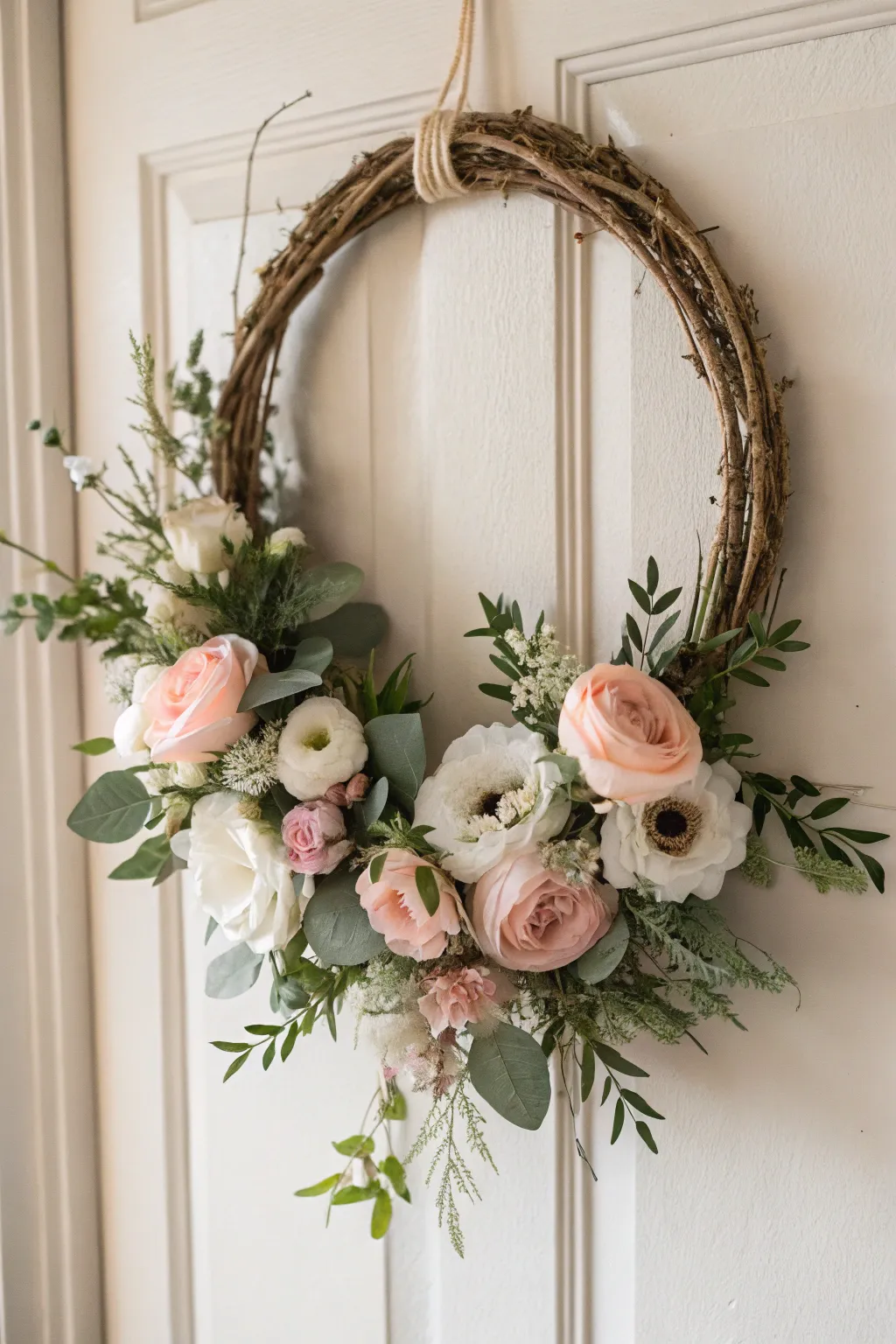 Embrace the romance of spring with a handcrafted wreath of silk roses, peonies, and anemones.