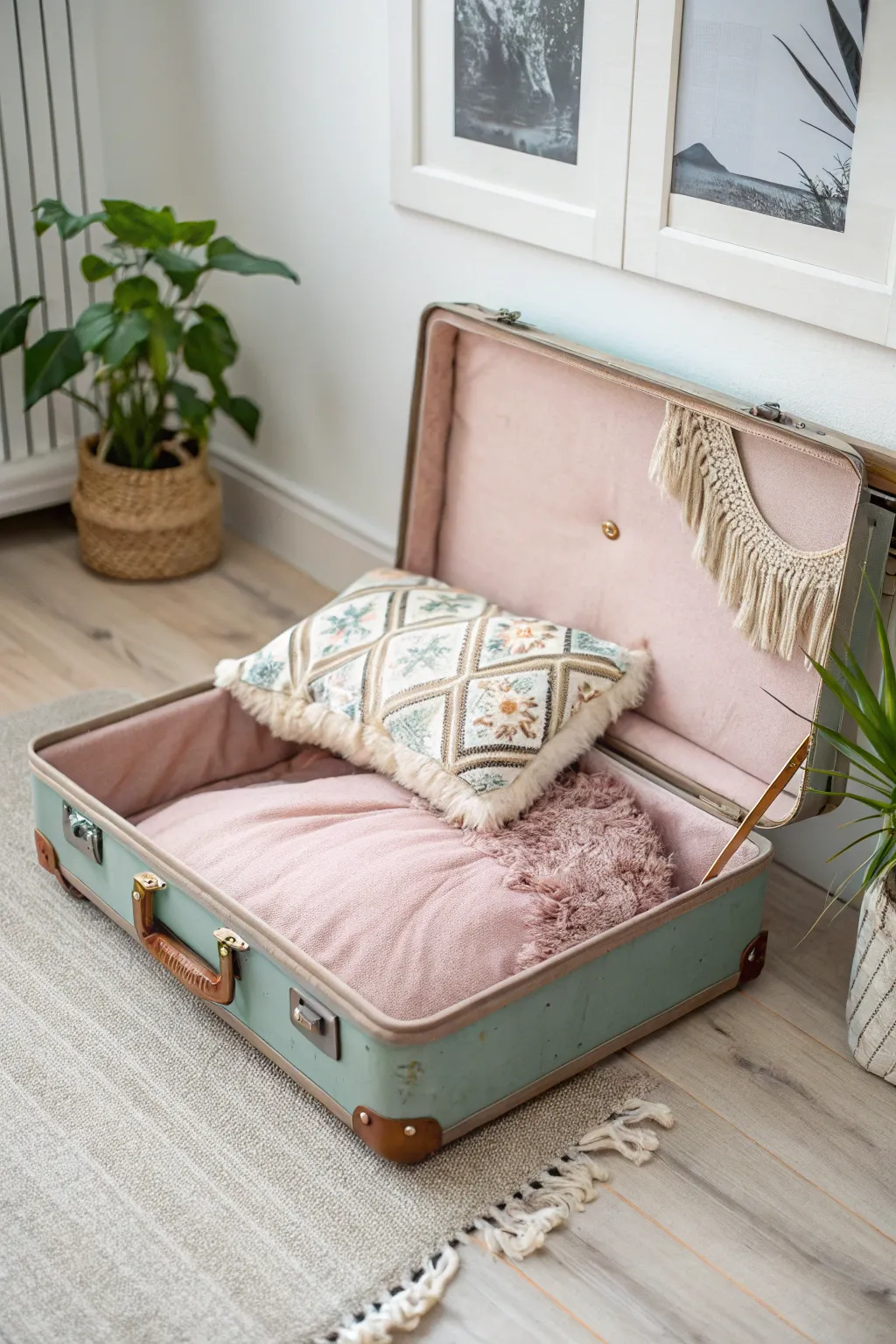 Transform a vintage suitcase into the perfect cozy retreat for your furry friend. #DIYPetBed #ScandiBoho